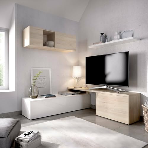 Dmora - Wandeinheit Baker, modulares Eck-Wohnzimmerset, Wohnzimmermöbel Multiposition TV-Ständer, 201 x 41 x 180 cm, Weiß und Eiche von Dmora