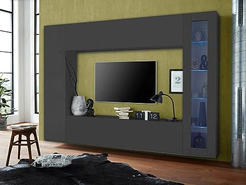 Dmora Einbauwand Donatello, Lounge-Set für Fernseher, Mehrzweck-Wohnzimmermöbel mit Vitrine und LED-Licht, 100% Made in Italy, 260 x 30 x 180 cm, Anthrazit von Dmora