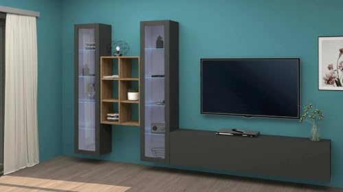Dmora - Ausgestattete Wand Eros, 3-türiges TV-Ständer-Wohnzimmerset, Mehrzweck-Wohnzimmermöbel mit Vitrine und LED-Licht, 100% Made in Italy, 320 x 30 x 180 cm, Anthrazit, von Dmora