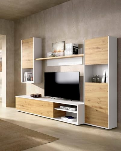 Dmora Einbauwand Foraker, Wohnzimmer-Set, TV-Schrank, Mehrzweck-Lounge, 220 x 41 x 180 cm, Eiche Nodi und Weiß von Dmora