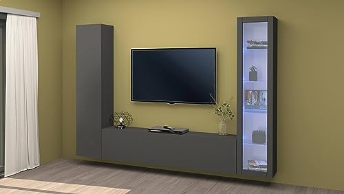 Dmora Einbauwand Girolamo, TV-Lounge-Set mit 3 Türen, Mehrzweck-Wohnzimmermöbel mit Vitrine und LED-Licht, 100% Made in Italy, 260 x 30 x 180 cm, Anthrazit von Dmora