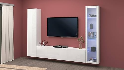 Dmora Einbauwand Girolamo, TV-Lounge-Set mit 3 Türen, Mehrzweck-Wohnzimmermöbel mit Vitrine und LED-Licht, 100% Made in Italy, 260 x 30 x 180 cm, weiß glänzend von Dmora