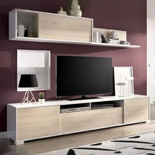 Dmora Einbauwand Gruf, Wohnzimmer-Set, TV-Schrank, Mehrzweck-Lounge, 200 x 41 x 180 cm, Eiche und Weiß von Dmora