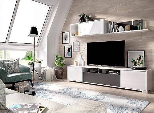 Dmora Einbauwand Gruf, Wohnzimmer-Set, TV-Schrank, Mehrzweck-Lounge, 200 x 41 x 180 cm, Weiß und Anthrazit von Dmora