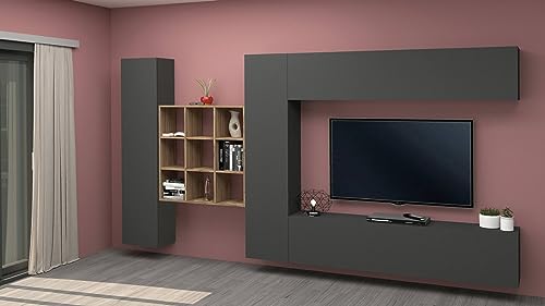 Dmora Einbauwand Gualtiero, TV-Sitzgruppe mit 4 Türen, Mehrzweck-Wohnzimmermöbel, 100% Made in Italy, 350 x 30 x 180 cm, Anthrazit von Dmora