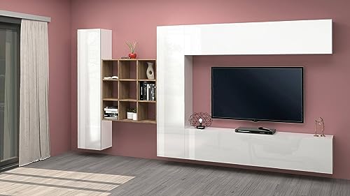 Dmora Einbauwand Gualtiero, TV-Sitzgruppe mit 4 Türen, Mehrzweck-Wohnzimmermöbel, 100% Made in Italy, 350 x 30 x 180 cm, weiß glänzend von Dmora