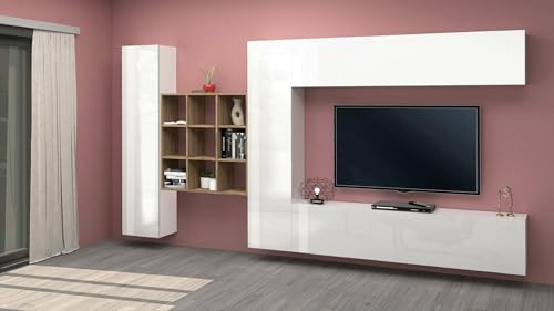 Dmora - Ausgestattete Wand Gualtiero, 4-türiges TV-Ständer-Wohnzimmerset, Mehrzweck-Wohnzimmermöbel, 100% Made in Italy, 350 x 30 x 180 cm, glänzendes Weiß, von Dmora