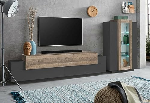 Dmora Einbauwand Jesaia, Lounge-Set für Fernseher, Wohnzimmermöbel, Mehrzweck, 100% Made in Italy, 280 x 45 x 120 cm, Anthrazit und Eiche von Dmora