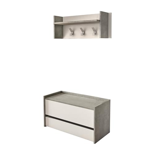 Dmora - Eingangsmöbel Brionia, Moderner Eingangsbereich mit Kleiderbügel, Schrank mit Schuhregal, Multifunktionsschrank, 50x32h182 cm, Zement und Weiß, von Dmora