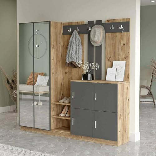 Dmora - Eingangsmöbel Media, Moderner Eingang, Wandgarderobe, Multifunktions-Aufbewahrungskonsole, 187x38h180 cm, Eiche und Anthrazit von Dmora