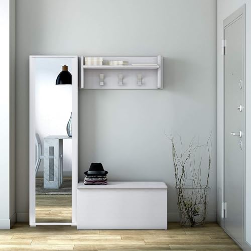 Dmora - Eingangsmöbel Mirtilla, Moderner Eingang mit Kleiderbügel, Möbel mit Schuhregal, Schrank mit Spiegel, cm 50x32h182, Weiß von Dmora