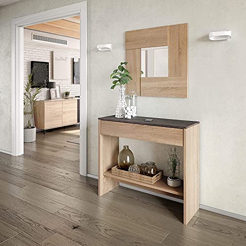 Dmora - Möbel für den Eingangsbereich Gilbert, Flur mit Spiegel, Schrank mit Schublade und Regal für den Eingang, Moderne Garderobe im Eingangsbereich, cm 92x33h149, Eiche und Nussbaum von Dmora