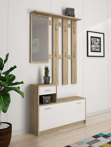 Dmora Eingangsmöbel mit Spiegel, Eingang für Flur mit Schuhregal, Taschenleerer für kleine Wohnungen, 100x25h180 cm, Farbe Weiß und Eiche von Dmora