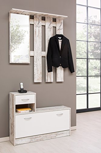 Dmora Eingangsmöbel mit Spiegel, Eingang für Flur mit Schuhregal, Taschenleerer für kleine Wohnungen, cm 100x25h180, Farbe Weiß und Birke von Dmora