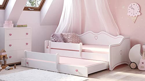 Dmora Einzelbett für Kinder, Schlafsofa mit zweitem ausziehbarem Bett, Bett mit Fallschutz dekoriert, cm 164x88h70, Farbe Weiß und Rosa von Dmora