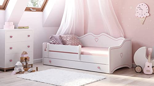 Dmora Einzelbett für Kinder dekoriert, Kinderbett dekoriert mit Kommode und Fallschutz für Schlafzimmer, cm 164x85h70, Farbe Weiß und Pink von Dmora