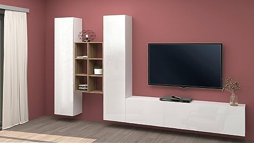 Dmora Emiliano TV-Lounge-Set mit 3 Türen, Mehrzweck-Wohnzimmermöbel, 100% Made in Italy, 320 x 30 x 180 cm, Weiß glänzend und Ahorn, Holzwerkstoff von Dmora