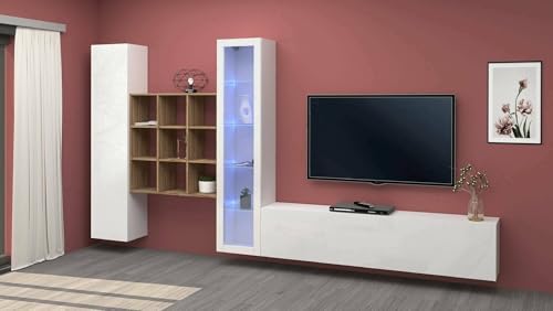Dmora - Wohnzimmermöbel Emilio, Wohnzimmer-Set TV-Möbel mit 3 Türen, Mehrzweck-Wohnmöbel mit Vitrine und LED-Licht, 100% Made in Italy, cm 310x30h180, Hochglanz weiß und Ahorn von Dmora