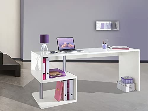 Dmora Esse moderner Schreibtisch für Büro und Arbeitszimmer mit Regal, Made in Italy, Computertisch, PC-Schreibtisch, cm 180x60h78, glänzend weiße Farbe von Dmora