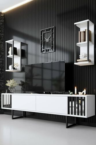 Dmora - Fernsehschrank Ananke, Ständer für Wohnzimmerfernseher, Niedriges Wohnzimmer-Sideboard, TV-Ständerbasis, 180x30h48 cm, Weiß und Schwarz von Dmora