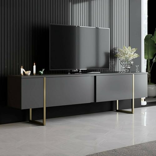 Dmora - Fernsehschrank Centaurus, Ständer für Wohnzimmerfernseher, Niedriges Wohnzimmer-Sideboard, TV-Ständerbasis, 180x30h50 cm, Anthrazit und Gold von Dmora