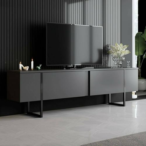 Dmora - Fernsehschrank Centaurus, Ständer für Wohnzimmerfernseher, Niedriges Wohnzimmer-Sideboard, TV-Ständerbasis, 180x30h50 cm, Anthrazit und Schwarz von Dmora