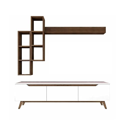 Dmora - Fernsehschrank Erato, Ständer für Wohnzimmerfernseher, Niedriges Wohnzimmer-Sideboard, TV-Ständerbasis, 180x35h49 cm, Weiß und Walnuss von Dmora
