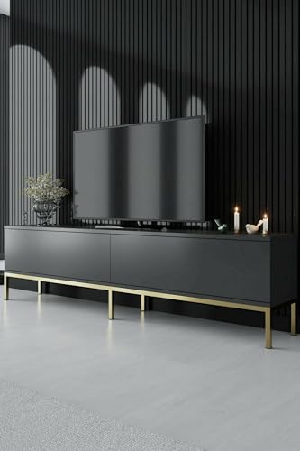 Dmora - Fernsehschrank Regulus, Ständer für Wohnzimmerfernseher, Niedriges Wohnzimmer-Sideboard, TV-Ständerbasis, 180x30h47 cm, Anthrazit und Gold von Dmora