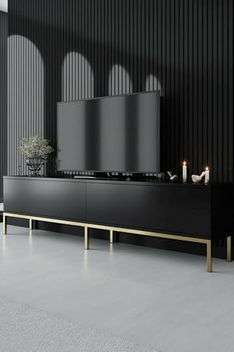 Dmora - Fernsehschrank Regulus, Ständer für Wohnzimmerfernseher, Niedriges Wohnzimmer-Sideboard, TV-Ständerbasis, 180x30h47 cm, Schwarz und Gold Dmora - Fernsehschrank Regulus, Ständer für Wohnzimmerfernseher, Niedriges Wohnzimmer-Sideboard, TV-Ständerbasis, 180x30h47 cm, Schwarz und Gold von Dmora