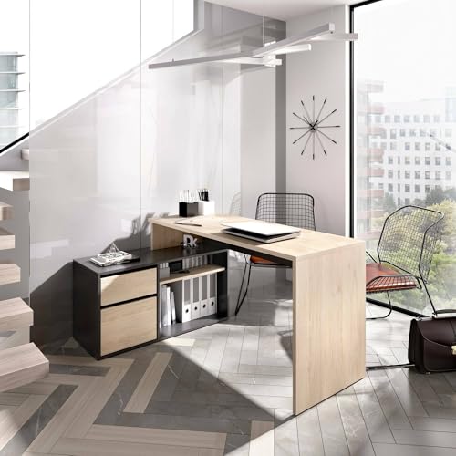 Dmora - Gardena-Schreibtisch, Schreibtisch mit Mehreren Positionen für das Büro oder Schlafzimmer, Mehrzweck-Ecktisch, 139 x 92 x 75 cm, Eiche und Anthrazit von Dmora