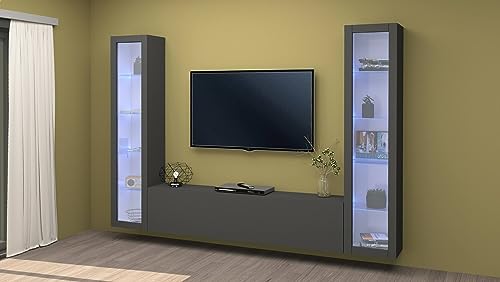 Dmora Gino Wohnzimmer, TV-Loung-Set mit 3 Türen, Mehrzweck-Wohnzimmermöbel mit Vitrine und LED-Licht, 100% Made in Italy, 260 x 30 x 180 cm, Anthrazit von Dmora