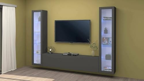 Dmora - Ausgestattete Wand Gino, 3-türiges TV-Ständer-Wohnzimmerset, Mehrzweck-Wohnzimmermöbel mit Vitrine und LED-Licht, 100% Made in Italy, 260 x 30 x 180 cm, Anthrazit, von Dmora