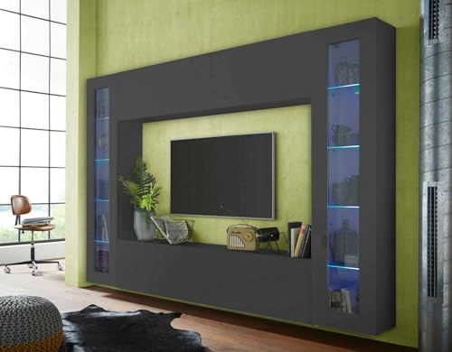 Dmora - Wohnzimmermöbel Giuliano, Wohnzimmer-Set TV-Möbel mit 4 Türen, Mehrzweck-Wohnzimmermöbel mit Vitrine und LED-Licht, 100% Made in Italy, cm 260x30h180, Anthrazit von Dmora