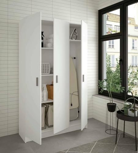 Dmora - Großer Mehrzweckschrank Beaumont, Zusatzschrank mit 3 Türen, Schuhregal mit Regalen, Besenschrank, 109 x 37 x 180 cm, Weiß Dmora - Großer Mehrzweckschrank Beaumont, Zusatzschrank mit 3 Türen, Schuhregal mit Regalen, Besenschrank, 109 x 37 x 180 cm, Weiß von Dmora