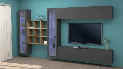 Dmora - Ausgestattete Wand Gustavo, 4-türiges TV-Ständer-Wohnzimmerset, Mehrzweck-Wohnzimmermöbel mit Vitrine und LED-Licht, 100% Made in Italy, 350 x 30 x 180 cm, Anthrazit, von Dmora