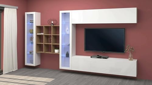 Dmora - Ausgestattete Wand Gustavo, 4-türiges TV-Ständer-Wohnzimmerset, Mehrzweck-Wohnzimmermöbel mit Vitrine und LED-Licht, 100% Made in Italy, 350 x 30 x 180 cm, glänzendes Weiß, von Dmora