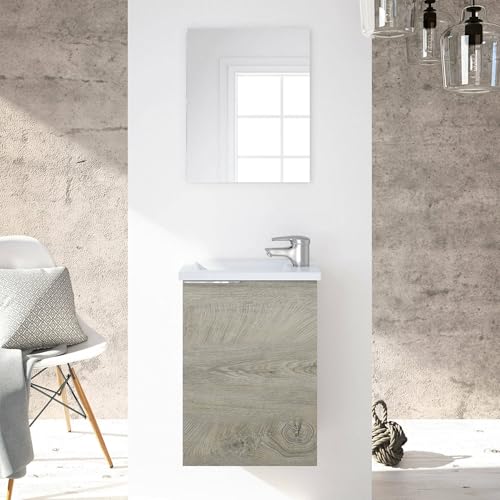 Dmora - Peoria-Waschtischunterschrank, hängender Badezimmerschrank, 1-türiger Kleiderschrank mit Spiegel und Waschbecken, 40 x 22 x 58 cm, Eiche von Dmora