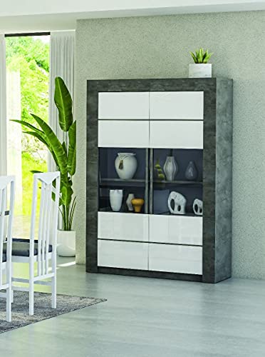 Dmora Hohes Küchen-Sideboard mit 2 Glastüren, Moderne Vitrine mit Regalen, Moderne Sideboard-Regale, Made in Italy, 120x46xh170 cm, Farbe Weiß und Oxid von Dmora