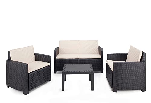 Dmora - Outdoor-Lounge-Set Sassari, Gartengarnitur mit 2 Sesseln, 1 Sofa und 1 Couchtisch, Sitzecke in Rattan-Optik mit Kissen, 100 % Made in Italy, Anthrazit von Dmora