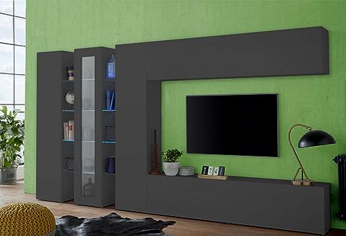 Dmora Ivano Wohnzimmer-Set, TV-Schrank, Wohnzimmermöbel mit Vitrine und LED-Licht, 100% Made in Italy, 320 x 30 x 180 cm, Anthrazit von Dmora