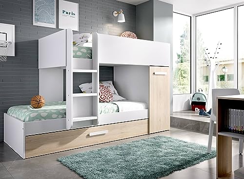 Dmora - Kinderbett Eiger, Komplettes Schlafzimmer mit Kleiderschrank und Schublade, Etagenbettkomposition mit Zwei Einzelbetten, 244x112h150 cm, Eiche und Weiß von Dmora