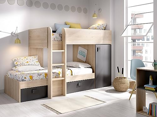 Dmora - Kinderbett Marmolada, Komplettes Schlafzimmer mit Kleiderschrank und Schubladen, Etagenbettkomposition mit Zwei Einzelbetten, 255x112h150 cm, Eiche und Anthrazit von Dmora