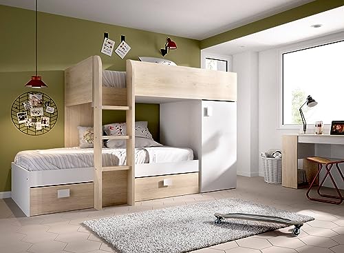 Dmora - Kinderbett Marmolada, komplettes Schlafzimmer mit Kleiderschrank und Schubladen, Etagenbettkomposition mit Zwei Einzelbetten, 255 x 112 x 150 cm, Weiß und Eiche von Dmora