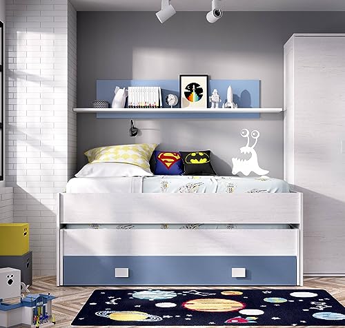 Dmora - Kinderbett Ortles, Struktur mit zweitem Ausziehbett, Einzelbett für Schlafzimmer mit 1 Schublade und Regal, 200 x 99 x 74 cm, Weiß und Blau von Dmora