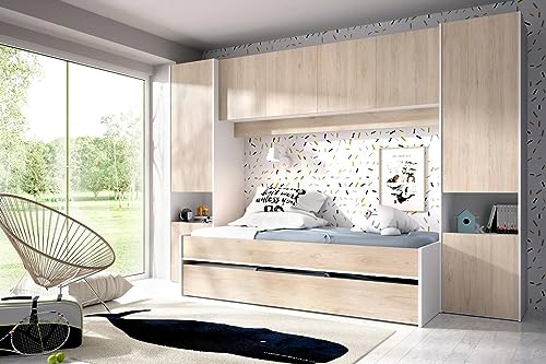 Dmora - Kinderbett Venturosa, Komplettes Schlafzimmer mit Bridge-Kleiderschrank und Kommode, Komposition mit Bett und Einzelausziehbett, 303 x 97 x 203 cm, Eiche und Weiß von Dmora