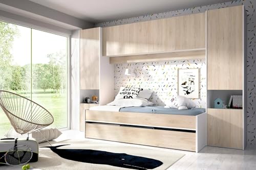 Dmora - Kinderbett Venturosa, Komplettes Schlafzimmer mit Bridge-Kleiderschrank und Kommode, Komposition mit Bett und Einzelausziehbett, 303 x 97 x 203 cm, Eiche und Weiß Dmora - Kinderbett Venturosa, Komplettes Schlafzimmer mit Bridge-Kleiderschrank und Kommode, Komposition mit Bett und Einzelausziehbett, 303 x 97 x 203 cm, Eiche und Weiß von Dmora