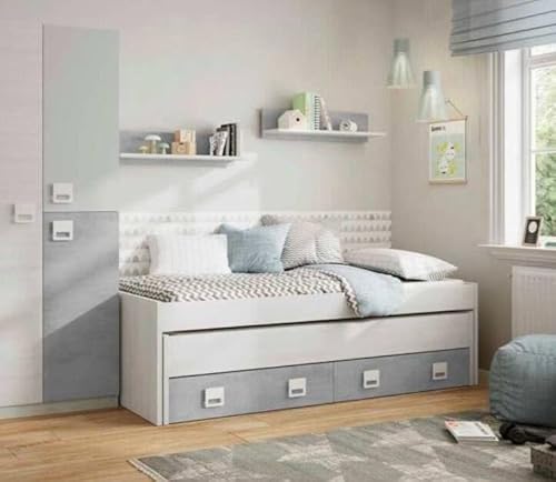 Dmora - Kinderbett Waycross, Bettgestell für Schlafzimmer, Einzelbett mit ausziehbarem Bett und 2 Schubladen und 2 Regalen, 199x96h65, Weiß und Zement von Dmora