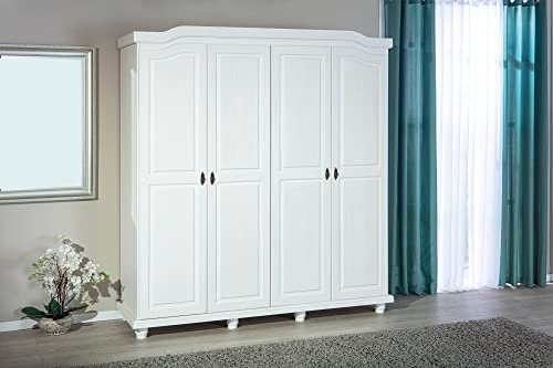 Dmora Kleiderschrank mit 4 Türen, in weiß lackiertem Kiefer massiv, ausgestattet mit 2 Kleiderstangen, 197,5x59,5x182,2 cm von Dmora