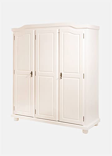 Dmora Kleiderschrank mit drei Flügeltüren mit Innenregalen aus massivem Kiefernholz, Farbe weiß, 150 x 180 x 56 cm. von Dmora