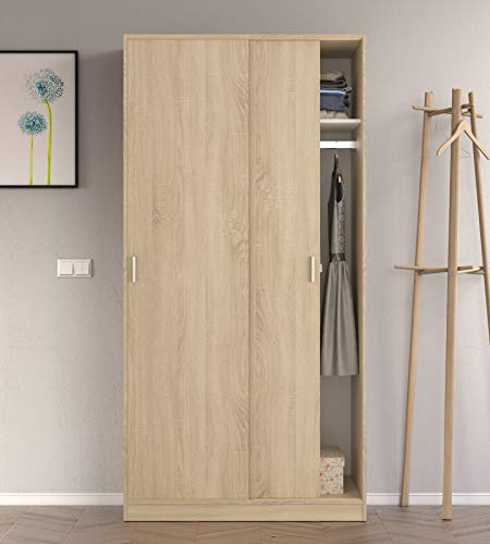 Dmora - Garderobe Lansing, Schlafzimmer Kleiderschrank mit 2 Schiebetüren, Schrank mit Regal und Kleiderbügelstange, cm 100x50h200, Eiche von Dmora